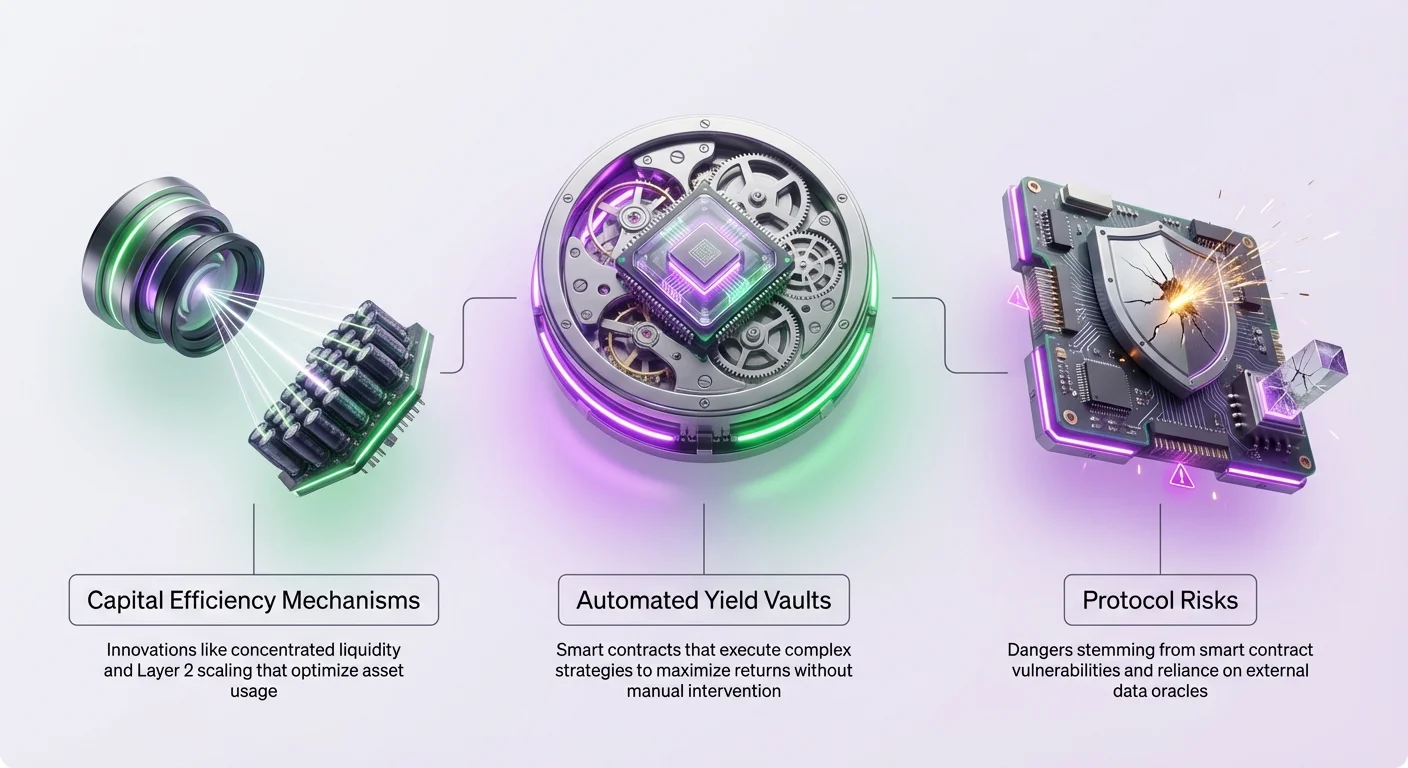 Infographic overview of automated yield vaults executing strategies, capital efficiency via concentrated liquidity and Layer 2 scaling, and protocol risks from smart contracts and oracles.